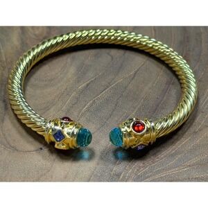 Gold Tone Twisted Cable Cuff Bracelet Multi Color Jewel Cabochon Accents